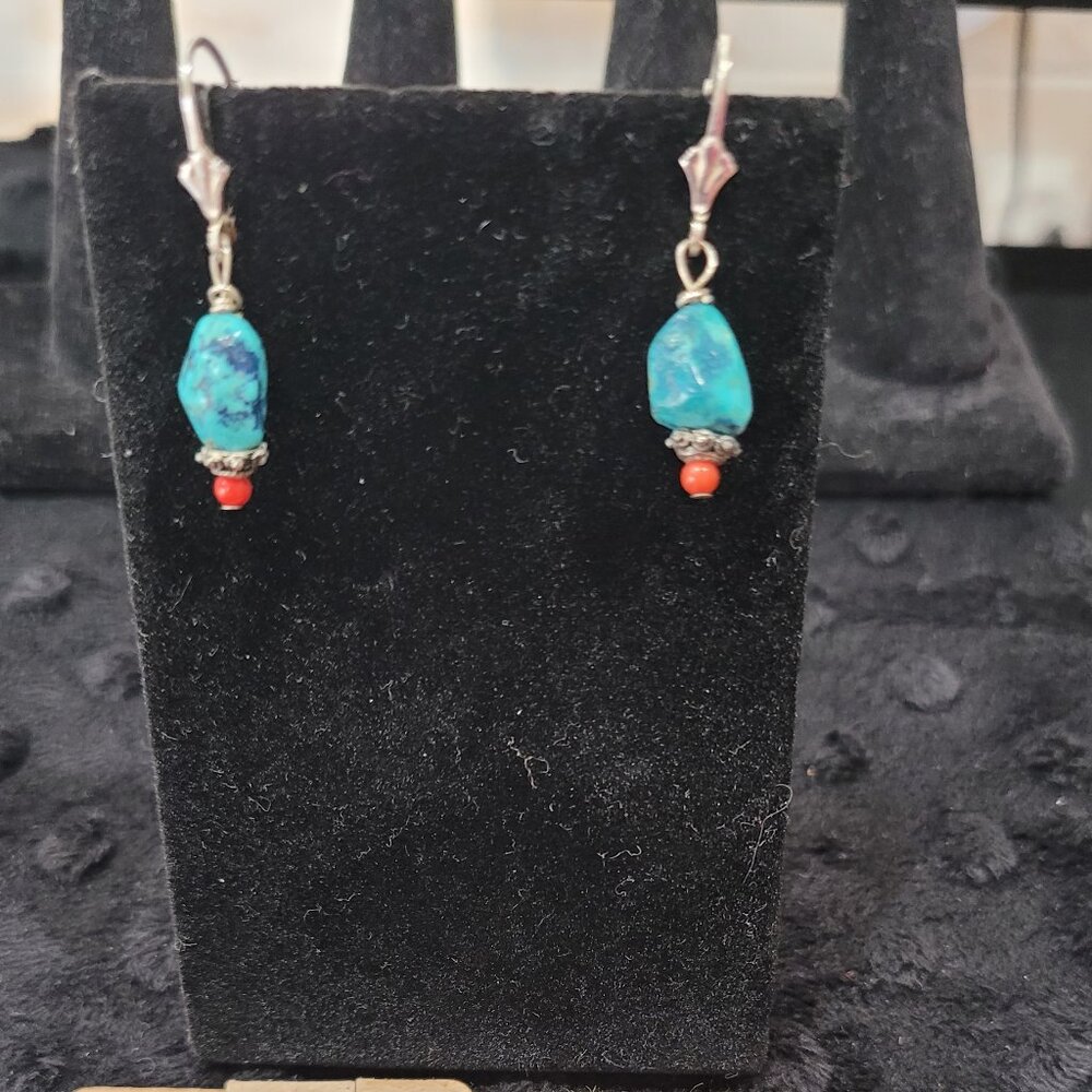 Item #Q317  Sterling Silver Turquoise Stone drop with red bead ends Dangle